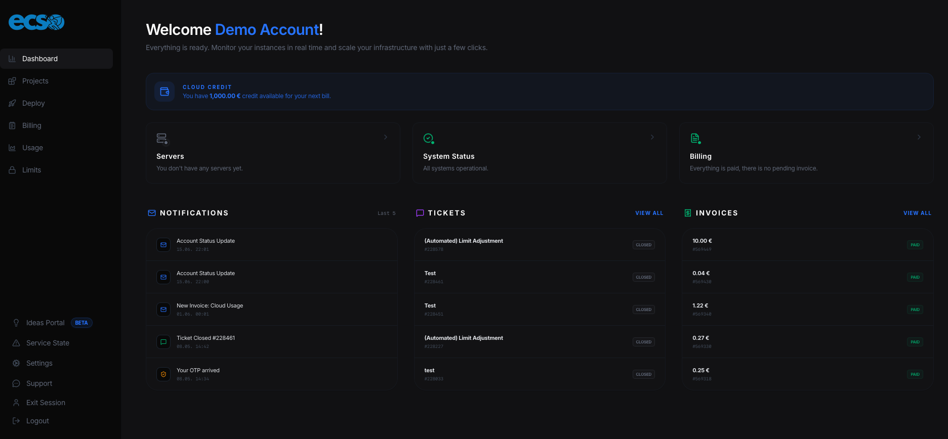 ECSO CLOUD Dashboard